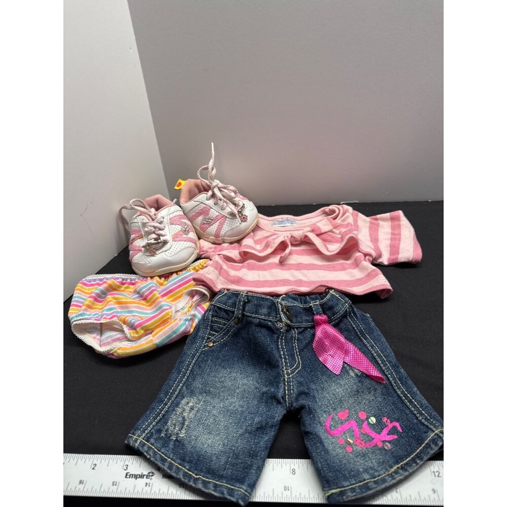 Build-A-Bear Workshop Doll Clothing Set W/ Pink Striped Shirt Denim Shorts Skech